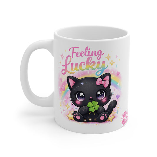 Feeling Lucky Mug β Cute Black Kitten with Clover, Rainbow St. Patrickβs Day Coffee Cup