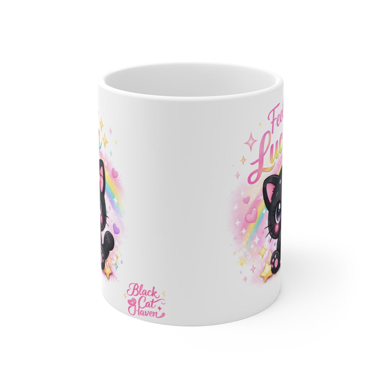 Feeling Lucky Mug — Cute Black Kitten with Clover, Rainbow St. Patrick’s Day Coffee Cup