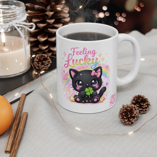 Feeling Lucky Mug — Cute Black Kitten with Clover, Rainbow St. Patrick’s Day Coffee Cup