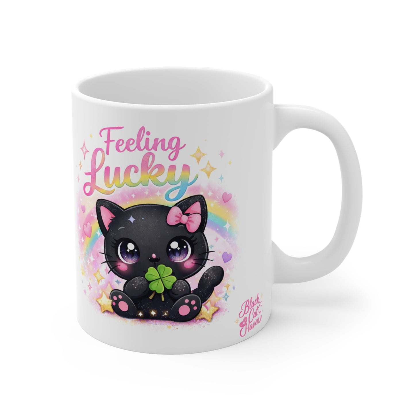 Feeling Lucky Mug — Cute Black Kitten with Clover, Rainbow St. Patrick’s Day Coffee Cup
